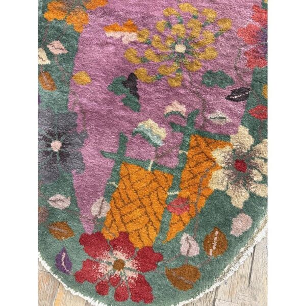 1920s antique purple floral modernist chinese handknotted art deco wool oval rug - detail view 4