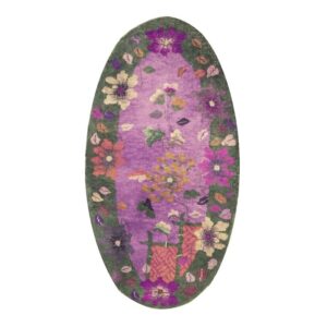 1920s Antique Purple Floral Modernist Chinese Handknotted Art Deco Wool Oval Rug - detail view 5