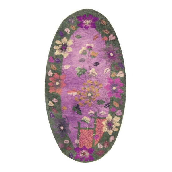 1920s antique purple floral modernist chinese handknotted art deco wool oval rug - detail view 5