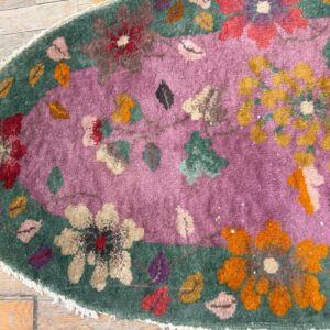 1920s Antique Purple Floral Modernist Chinese Handknotted Art Deco Wool Oval Rug - detail view 6