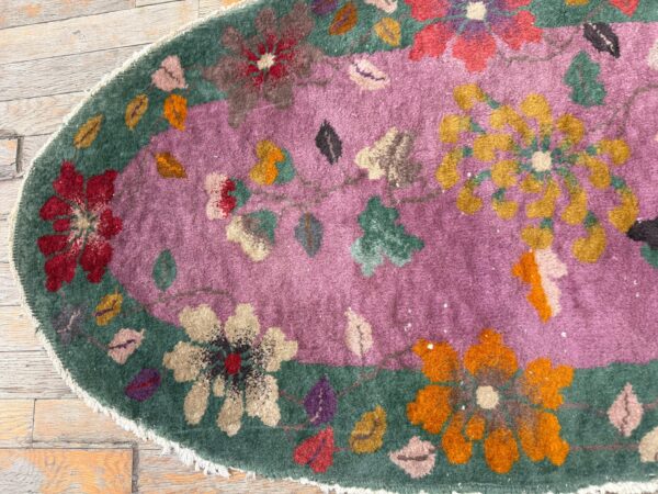 1920s antique purple floral modernist chinese handknotted art deco wool oval rug - detail view 6
