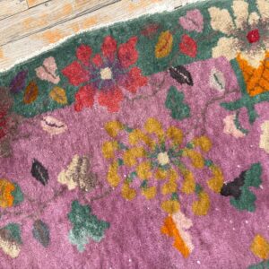 1920s Antique Purple Floral Modernist Chinese Handknotted Art Deco Wool Oval Rug - detail view 7