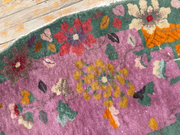 1920s antique purple floral modernist chinese handknotted art deco wool oval rug - detail view 7