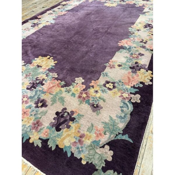 1920s antique purple open field chinese handknotted art deco wool room size rug - detail view 1
