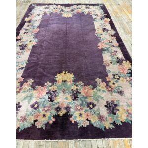 1920s Antique Purple Open Field Chinese Handknotted Art Deco Wool Room Size Rug - detail view 4