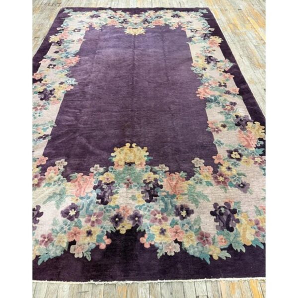 1920s antique purple open field chinese handknotted art deco wool room size rug - detail view 4