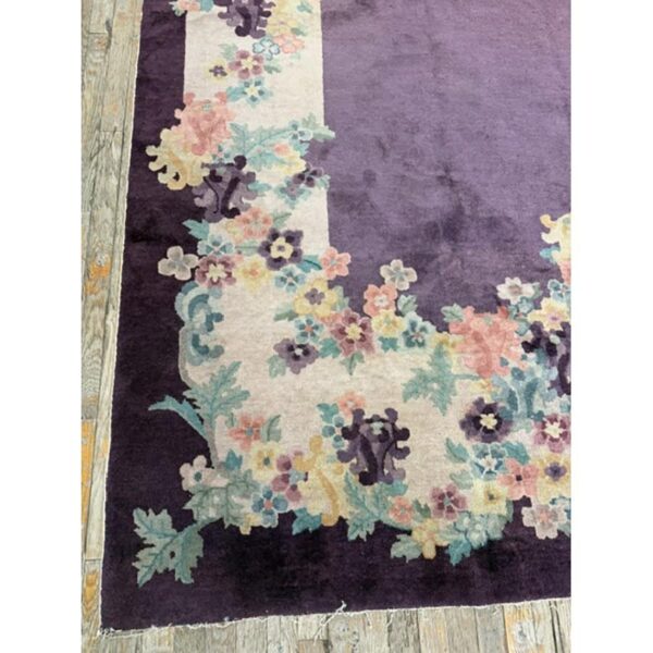 1920s antique purple open field chinese handknotted art deco wool room size rug - detail view 7