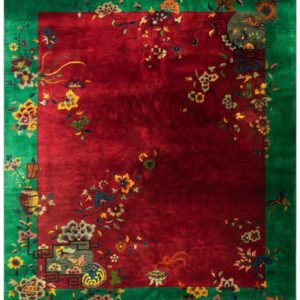 1920s Antique Red Bold Open Field Floral Modern Knotted Chinese Art Deco Rug