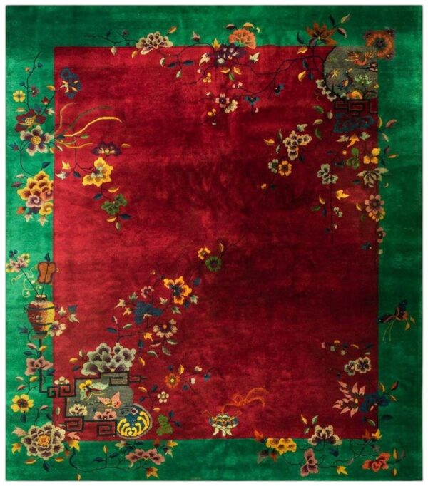 1920s antique red bold open field floral modern knotted chinese art deco rug 1 1920s antique red bold open field floral modern knotted chinese art deco rug