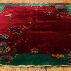 1920s Antique Red Bold Open Field Floral Modern Knotted Chinese Art Deco Rug - detail view 1