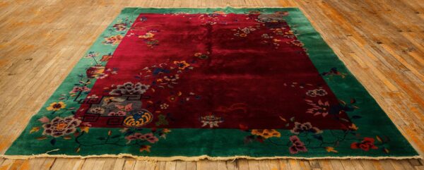 1920s antique red bold open field floral modern knotted chinese art deco rug 2 1920s antique red bold open field floral modern knotted chinese art deco rug - detail view 1