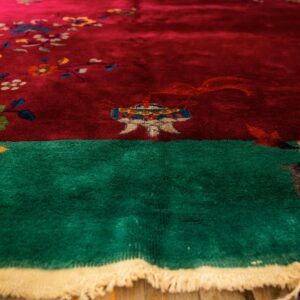 1920s Antique Red Bold Open Field Floral Modern Knotted Chinese Art Deco Rug - detail view 2