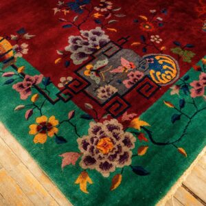 1920s Antique Red Bold Open Field Floral Modern Knotted Chinese Art Deco Rug - detail view 3