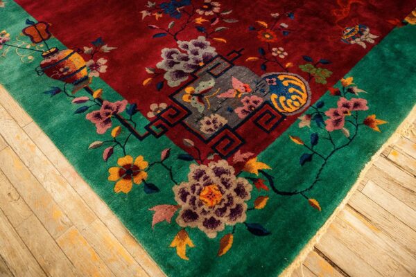 1920s antique red bold open field floral modern knotted chinese art deco rug 4 1920s antique red bold open field floral modern knotted chinese art deco rug - detail view 3