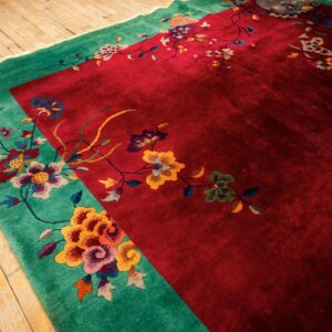 1920s Antique Red Bold Open Field Floral Modern Knotted Chinese Art Deco Rug - detail view 4