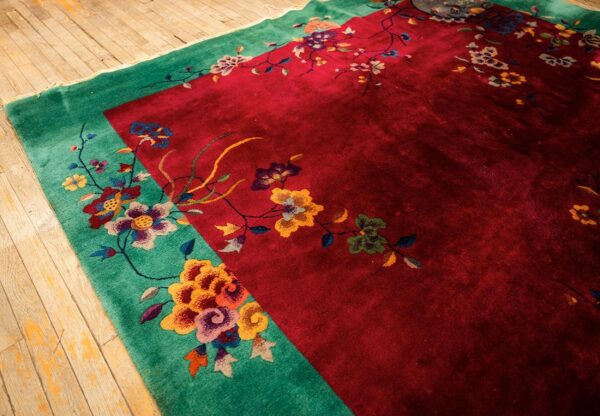 1920s antique red bold open field floral modern knotted chinese art deco rug 5 1920s antique red bold open field floral modern knotted chinese art deco rug - detail view 4