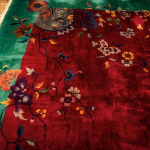 1920s Antique Red Bold Open Field Floral Modern Knotted Chinese Art Deco Rug - detail view 5