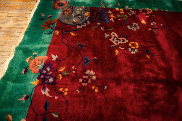 1920s antique red bold open field floral modern knotted chinese art deco rug 6 1920s antique red bold open field floral modern knotted chinese art deco rug - detail view 5