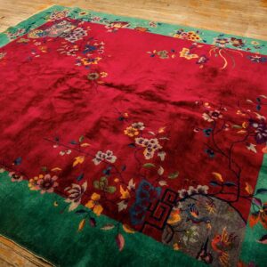 1920s Antique Red Bold Open Field Floral Modern Knotted Chinese Art Deco Rug - detail view 6