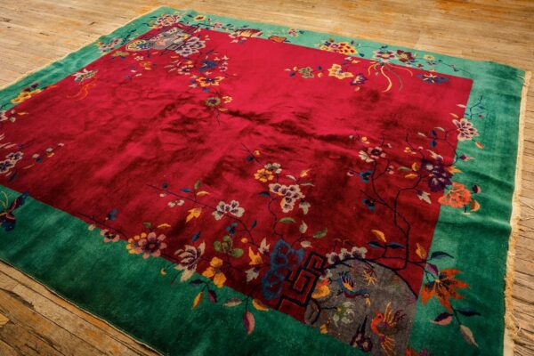 1920s antique red bold open field floral modern knotted chinese art deco rug 7 1920s antique red bold open field floral modern knotted chinese art deco rug - detail view 6