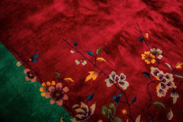 1920s antique red bold open field floral modern knotted chinese art deco rug 8 1920s antique red bold open field floral modern knotted chinese art deco rug - detail view 7