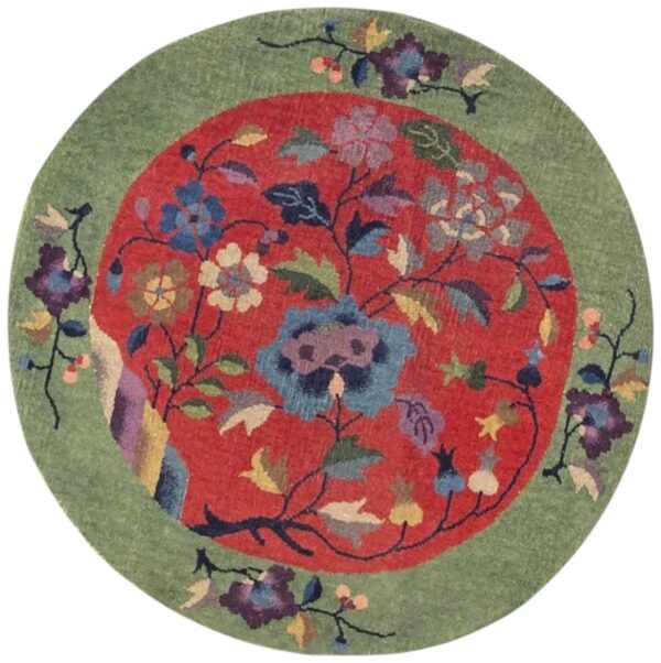 1920s antique red floral green border chinese knotted art deco wool round rug 1 1920s antique red floral green border chinese knotted art deco wool round rug