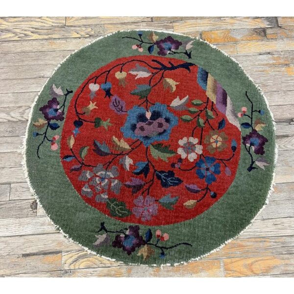 1920s antique red floral green border chinese knotted art deco wool round rug 2 1920s antique red floral green border chinese knotted art deco wool round rug - detail view 1