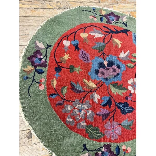 1920s antique red floral green border chinese knotted art deco wool round rug 3 1920s antique red floral green border chinese knotted art deco wool round rug - detail view 2