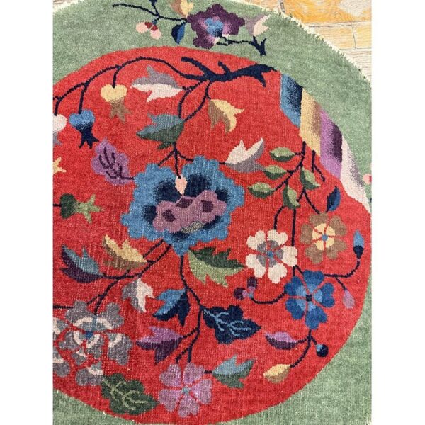 1920s antique red floral green border chinese knotted art deco wool round rug 4 1920s antique red floral green border chinese knotted art deco wool round rug - detail view 3