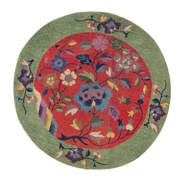 1920s antique red floral green border chinese knotted art deco wool round rug 5 1920s antique red floral green border chinese knotted art deco wool round rug - detail view 4