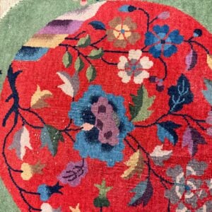 1920s Antique Red Floral Green Border Chinese Knotted Art Deco Wool Round Rug - detail view 5