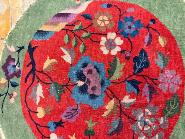 1920s antique red floral green border chinese knotted art deco wool round rug 6 1920s antique red floral green border chinese knotted art deco wool round rug - detail view 5