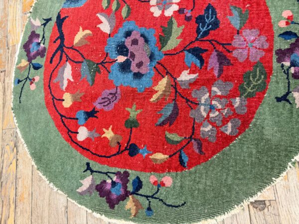 1920s antique red floral green border chinese knotted art deco wool round rug 7 1920s antique red floral green border chinese knotted art deco wool round rug - detail view 6