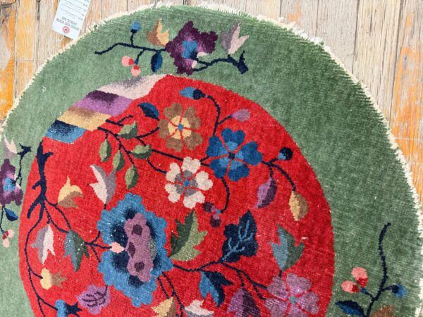 1920s antique red floral green border chinese knotted art deco wool round rug 8 1920s antique red floral green border chinese knotted art deco wool round rug - detail view 7
