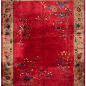 1920s Antique Red Scarlett Floral Haute Modern Knotted Wool Chinese Art Deco Rug