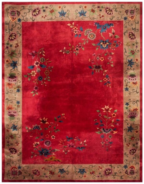 1920s antique red scarlett floral haute modern knotted wool chinese art deco rug