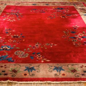 1920s Antique Red Scarlett Floral Haute Modern Knotted Wool Chinese Art Deco Rug - detail view 1