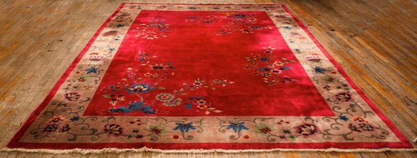 1920s antique red scarlett floral haute modern knotted wool chinese art deco rug - detail view 1