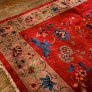 1920s Antique Red Scarlett Floral Haute Modern Knotted Wool Chinese Art Deco Rug - detail view 2