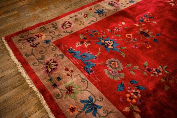1920s antique red scarlett floral haute modern knotted wool chinese art deco rug - detail view 2