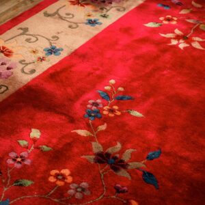 1920s Antique Red Scarlett Floral Haute Modern Knotted Wool Chinese Art Deco Rug - detail view 3