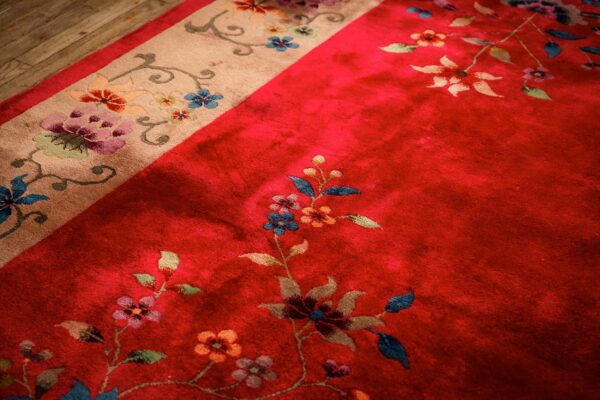 1920s antique red scarlett floral haute modern knotted wool chinese art deco rug - detail view 3