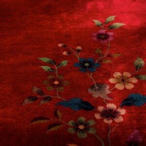 1920s Antique Red Scarlett Floral Haute Modern Knotted Wool Chinese Art Deco Rug - detail view 4
