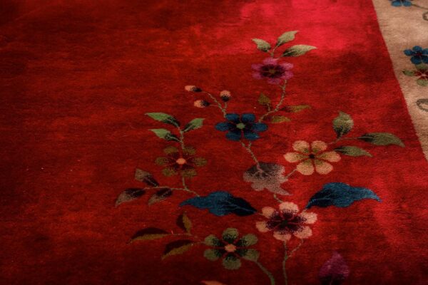 1920s antique red scarlett floral haute modern knotted wool chinese art deco rug - detail view 4