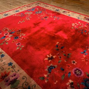 1920s Antique Red Scarlett Floral Haute Modern Knotted Wool Chinese Art Deco Rug - detail view 5