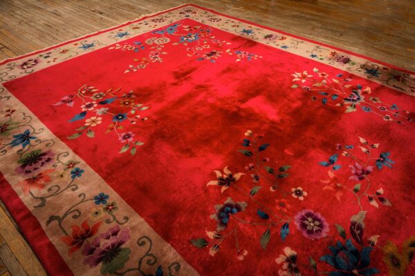 1920s antique red scarlett floral haute modern knotted wool chinese art deco rug - detail view 5