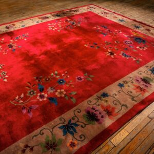 1920s Antique Red Scarlett Floral Haute Modern Knotted Wool Chinese Art Deco Rug - detail view 6