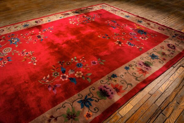 1920s antique red scarlett floral haute modern knotted wool chinese art deco rug - detail view 6