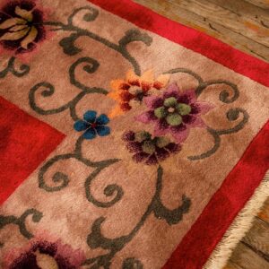 1920s Antique Red Scarlett Floral Haute Modern Knotted Wool Chinese Art Deco Rug - detail view 7