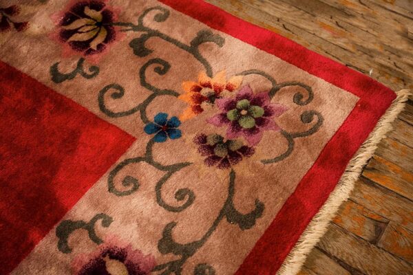 1920s antique red scarlett floral haute modern knotted wool chinese art deco rug - detail view 7